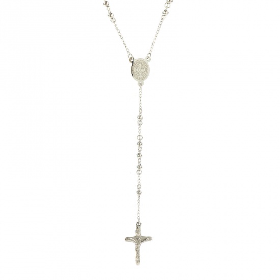 Picture of Silver Tone Beaded Chain Cross Prayer Beads Rosary Necklace, 304 Stainless Steel 66cm(26"), For Women, Virgin Mary Religious Retro Gift, Eco-friendly, 1 Piece