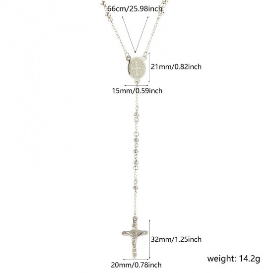 Picture of Silver Tone Beaded Chain Cross Prayer Beads Rosary Necklace, 304 Stainless Steel 66cm(26"), For Women, Virgin Mary Religious Retro Gift, Eco-friendly, 1 Piece