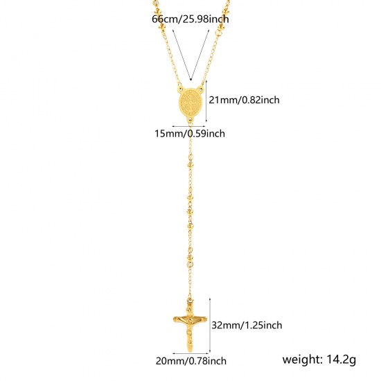 Picture of 18K Real Gold Plated Beaded Chain Cross Prayer Beads Rosary Necklace, 304 Stainless Steel 66cm(26"), For Women, Virgin Mary Religious Retro Gift, Eco-friendly PVD Vacuum Plating, 1 Piece