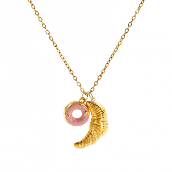 Immagine di 18K Real Gold Plated Link Cable Chain Croissant Bread Pendant Charm Necklace, 304 Stainless Steel 45cm(17.7") + 5cm(2"), For Women, Pink Enamel Exquisite Stylish Gift, Eco-friendly PVD Vacuum Plating, 1 Piece