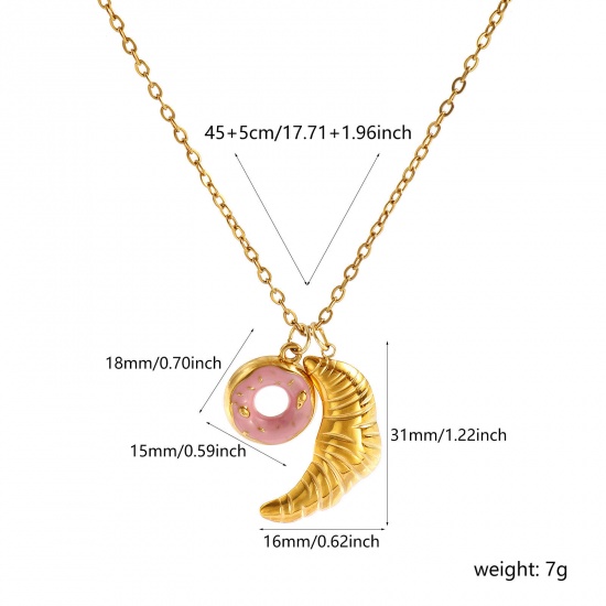 Immagine di 18K Real Gold Plated Link Cable Chain Croissant Bread Pendant Charm Necklace, 304 Stainless Steel 45cm(17.7") + 5cm(2"), For Women, Pink Enamel Exquisite Stylish Gift, Eco-friendly PVD Vacuum Plating, 1 Piece