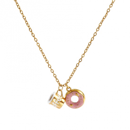 Immagine di 18K Real Gold Plated Link Cable Chain Donut Pendant Charm Necklace, 304 Stainless Steel 45cm(17.7") + 5cm(2"), For Women, Message " COFFEE " Pink Enamel Exquisite Stylish Gift, Eco-friendly PVD Vacuum Plating, 1 Piece