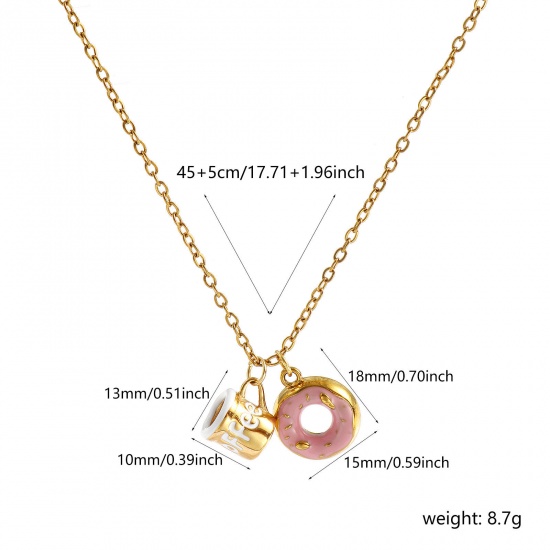 Immagine di 18K Real Gold Plated Link Cable Chain Donut Pendant Charm Necklace, 304 Stainless Steel 45cm(17.7") + 5cm(2"), For Women, Message " COFFEE " Pink Enamel Exquisite Stylish Gift, Eco-friendly PVD Vacuum Plating, 1 Piece