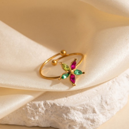 Picture of Wholesale Women's Gift Flower Multicolor Open Adjustable Rings, 18K Gold Plated Stainless Steel & Cubic Zirconia, Eco-friendly Exquisite Stylish Jewelry Supply, 19.6mm(US Size 9.75), 1 Piece