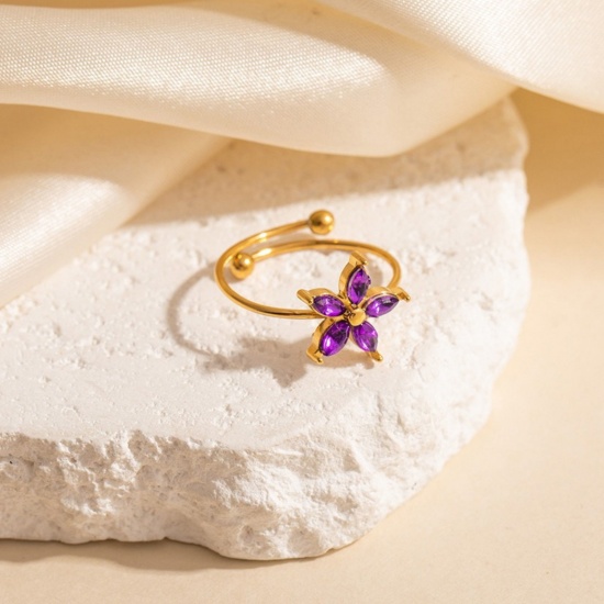 Изображение 1 Piece Eco-friendly Stylish Exquisite 18K Gold Plated Purple Stainless Steel & Cubic Zirconia Open Adjustable Flower Rings For Women Gift 19.6mm(US Size 9.75)