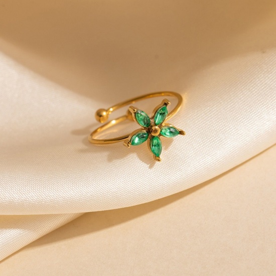 Изображение 1 Piece Eco-friendly Stylish Exquisite 18K Gold Plated Green Stainless Steel & Cubic Zirconia Open Adjustable Flower Rings For Women Gift 19.6mm(US Size 9.75)