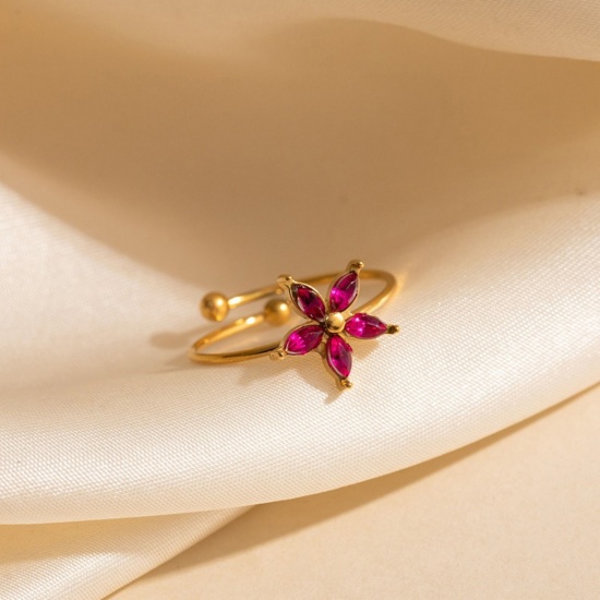 Изображение 1 Piece Eco-friendly Stylish Exquisite 18K Gold Plated Fuchsia Stainless Steel & Cubic Zirconia Open Adjustable Flower Rings For Women Gift 19.6mm(US Size 9.75)