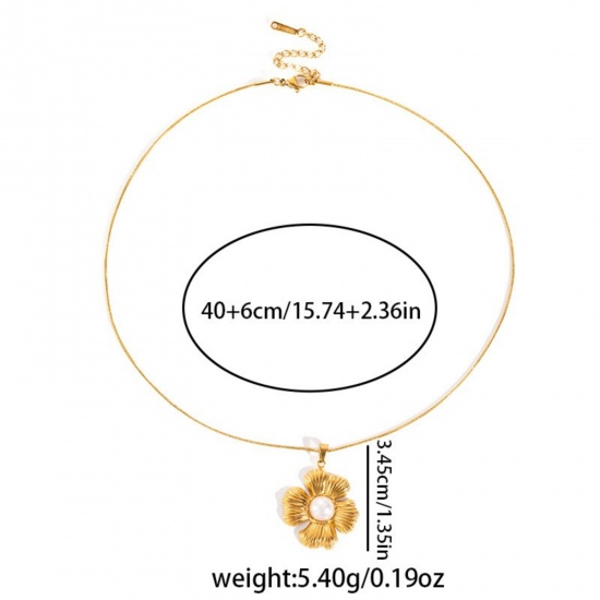 Image de 18K Gold Plated Flower Pendant Charm Necklace, 304 Stainless Steel & Acrylic 40cm(15.7") + 6cm(2.4"), For Women, White Exquisite Stylish Gift, Eco-friendly, 1 Piece
