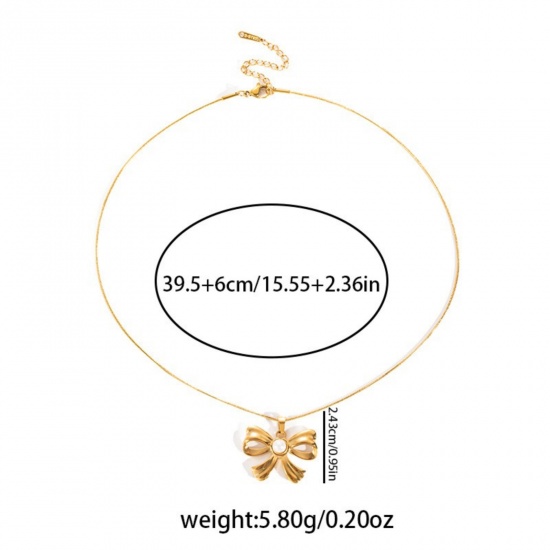 Image de 18K Gold Plated Bowknot Pendant Charm Necklace, 304 Stainless Steel & Acrylic 39.5cm(15.6") + 6cm(2.4"), For Women, White Insect Stylish Gift, Eco-friendly, 1 Piece