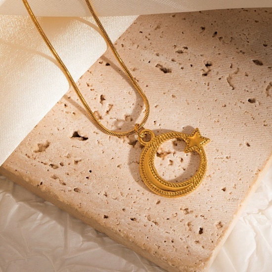 Image de 18K Gold Plated Half Moon Pendant Charm Necklace, 304 Stainless Steel 40cm(15.7") + 6cm(2.4"), For Women, Galaxy Stylish Gift, Eco-friendly, 1 Piece