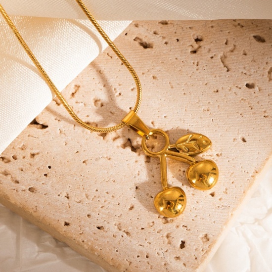 Image de 18K Gold Plated Cherry Fruit Pendant Charm Necklace, 304 Stainless Steel 40cm(15.7") + 6cm(2.4"), For Women, Exquisite Stylish Gift, Eco-friendly, 1 Piece