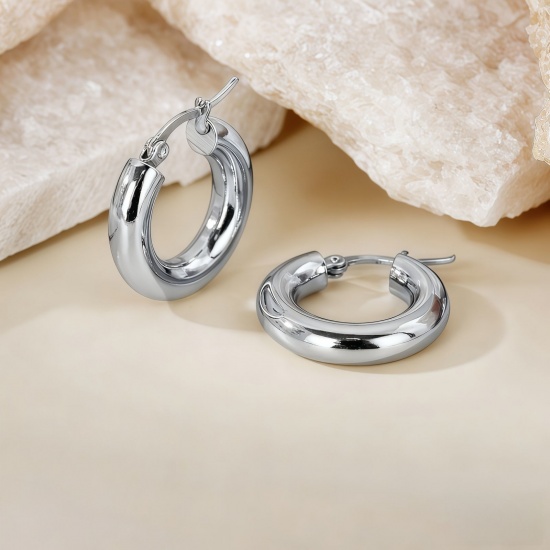 Imagen de 1 Pair Eco-friendly Stylish Exquisite Silver Tone 304 Stainless Steel Round Hoop Earrings For Women Gift 23mm Dia.