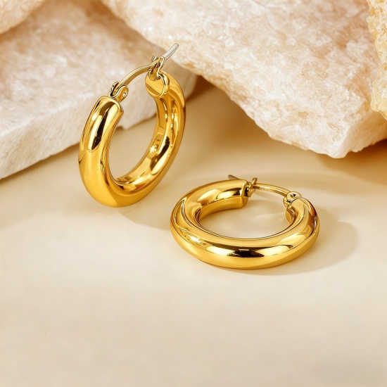 Imagen de 1 Pair Eco-friendly Stylish Exquisite 18K Gold Plated 304 Stainless Steel Round Hoop Earrings For Women Gift 25mm Dia.