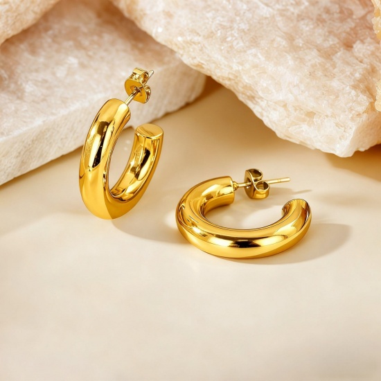 Imagen de 1 Pair Eco-friendly Stylish Exquisite 18K Gold Plated 304 Stainless Steel C Shaped Hoop Earrings For Women Gift 23mm Dia.