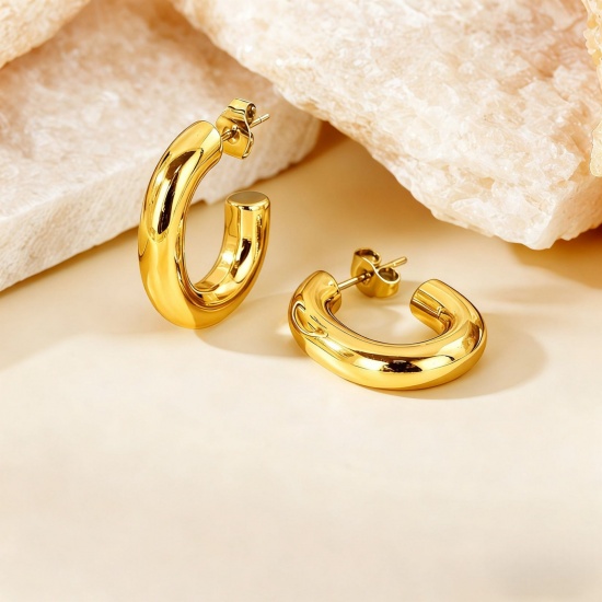 Imagen de 1 Pair Eco-friendly Stylish Exquisite 18K Gold Plated 304 Stainless Steel U Shaped Hoop Earrings For Women Gift 23mm Dia.