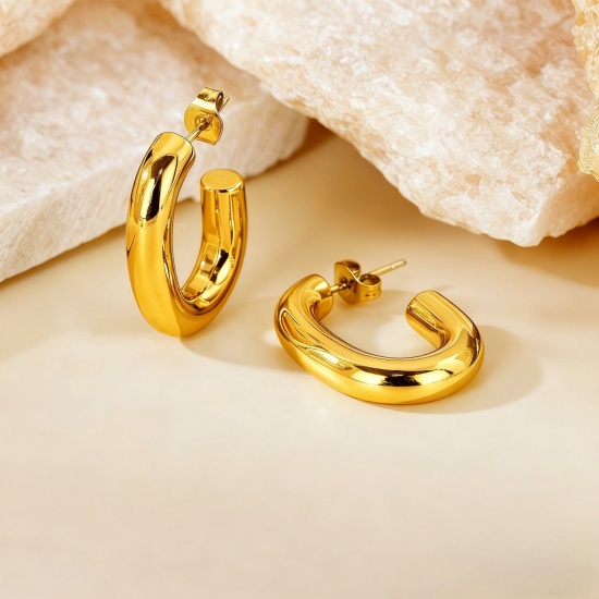 Imagen de 1 Pair Eco-friendly Stylish Exquisite 18K Gold Plated 304 Stainless Steel U Shaped Hoop Earrings For Women Gift 25mm Dia.