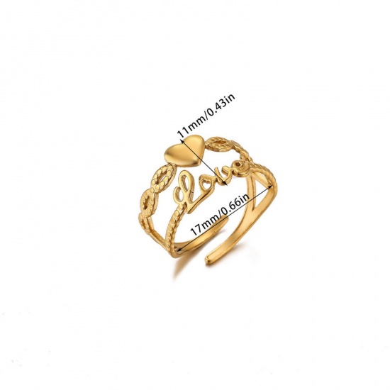 Imagen de 1 Piece Eco-friendly Stylish Valentine's Day 18K Gold Plated 304 Stainless Steel Open Adjustable Heart Message " LOVE " Rings For Women Gift 16.9mm(US Size 6.5)