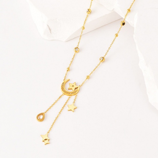 Image de 18K Real Gold Plated Half Moon Pendant Charm Necklace, 304 Stainless Steel 39cm(15.4") + 5cm(2"), For Women, Galaxy Stylish Gift, Vacuum Plating, 1 Piece