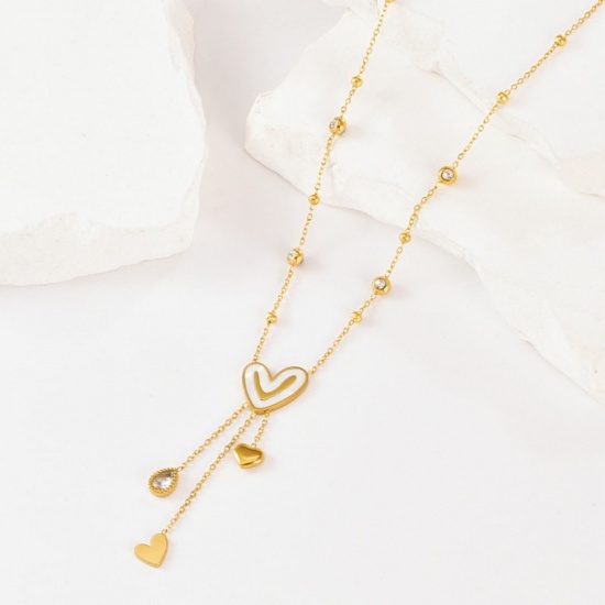 Image de 18K Real Gold Plated Heart Pendant Charm Necklace, 304 Stainless Steel & Natural Shell 40cm(15.7") + 5cm(2"), For Women, White Valentine's Day Stylish Gift, Vacuum Plating, 1 Piece