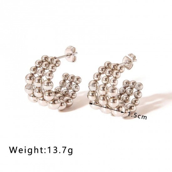 Imagen de 1 Pair Eco-friendly Stylish Exquisite Silver Tone 304 Stainless Steel C Shaped Hoop Earrings For Women Gift 15mm Dia.