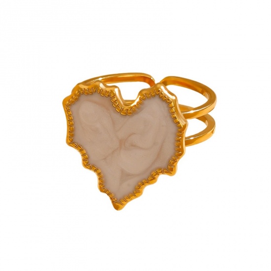 Imagen de 1 Piece Eco-friendly Stylish Valentine's Day 18K Gold Plated White 304 Stainless Steel Open Adjustable Heart Enamel Rings For Women Gift 16.9mm(US Size 6.5)