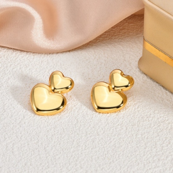 Immagine di 1 Pair Eco-friendly Dainty Valentine's Day 18K Gold Plated 304 Stainless Steel Heart Ear Post Stud Earrings For Women Gift