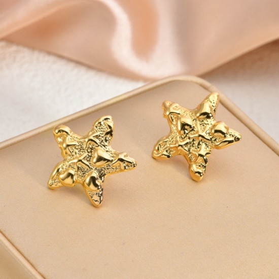 Immagine di 1 Pair Eco-friendly Dainty Stylish 18K Gold Plated 304 Stainless Steel Pentagram Star Ear Post Stud Earrings For Women Gift