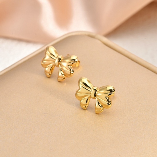 Immagine di 1 Pair Eco-friendly Dainty Stylish 18K Gold Plated 304 Stainless Steel Bowknot Ear Post Stud Earrings For Women Gift