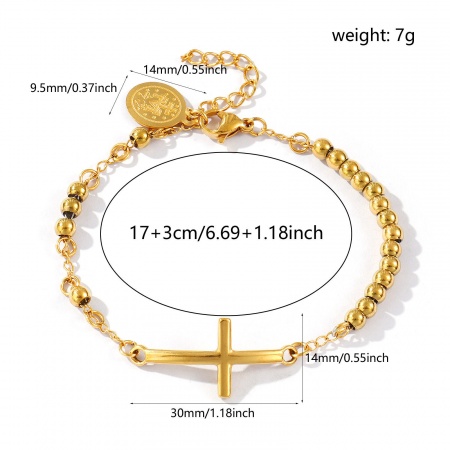 Immagine di All'Ingrosso Croce Vergine Maria 304 Acciaio Inossidabile Braccialetti con Perline, 18K Vero Oro Placcato Placcatura Sottovuoto PVD Ecologica Impermeabile Anti-Ossidante Ipoallergenico, Donne Religione Retrò Regalo Fornitura di Gioielli 17cm Lunghezza, 1 Pz