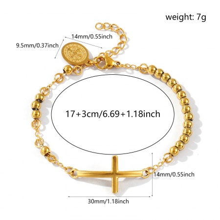 Immagine di All'Ingrosso Croce Medaglia di San Benedetto 304 Acciaio Inossidabile Braccialetti con Perline, 18K Vero Oro Placcato Placcatura Sottovuoto PVD Ecologica Impermeabile Anti-Ossidante Ipoallergenico, Donne Religione Retrò Regalo Fornitura di Gioielli 17cm Lunghezza, 1 Pz