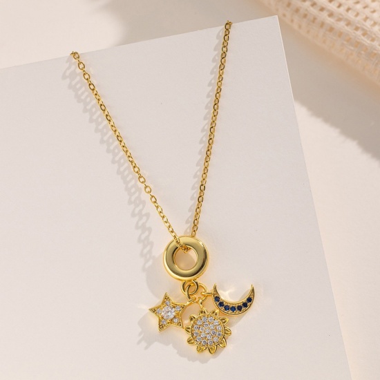 Immagine di 18K Gold Plated Sun & Moon Pendant Charm Necklace, 304 Stainless Steel & Brass 40cm(15.7") + 5cm(2"), For Women, Galaxy Dainty Gift, Eco-friendly, 1 Piece
