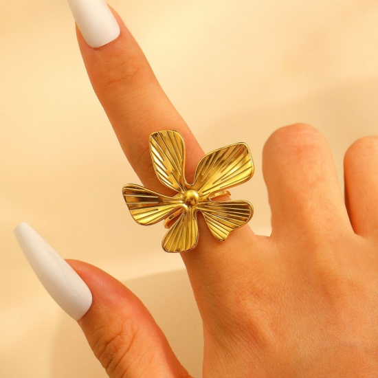 Immagine di 1 Piece Vacuum Plating Dainty Flora Collection 18K Gold Plated 304 Stainless Steel Open Adjustable Flower Rings For Women Gift 17mm(US Size 6.5)