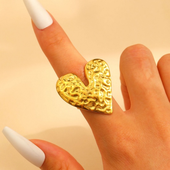Immagine di 1 Piece Vacuum Plating Dainty Valentine's Day 18K Gold Plated 304 Stainless Steel Open Adjustable Heart Rings For Women Gift 17mm(US Size 6.5)