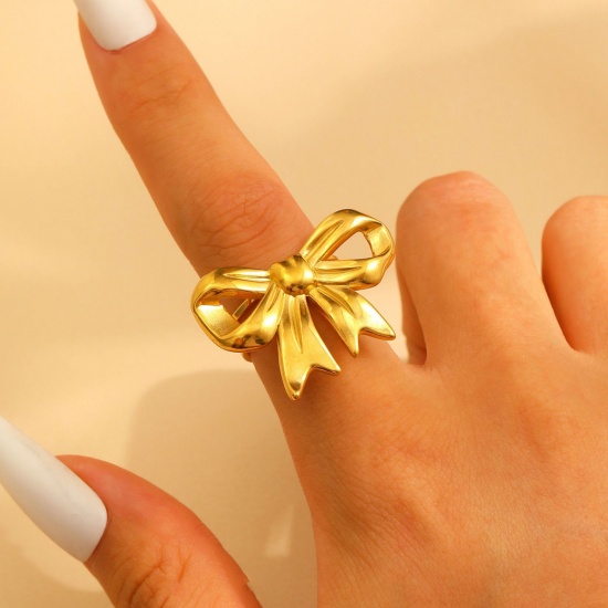 Immagine di 1 Piece Vacuum Plating Dainty Stylish 18K Gold Plated 304 Stainless Steel Open Adjustable Bowknot Rings For Women Gift 17mm(US Size 6.5)