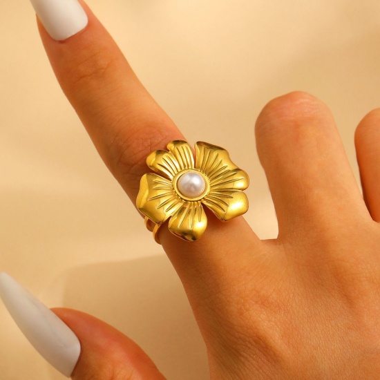 Immagine di 1 Piece Vacuum Plating Dainty Flora Collection 18K Gold Plated 304 Stainless Steel Open Adjustable Flower Rings For Women Gift 17mm(US Size 6.5)