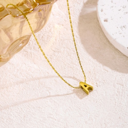 Picture of Wholesale Capital Alphabet Initial Letter Message " A " Pendant Charm Necklace, 18K Gold Plated 304 Stainless Steel Bamboo Chain, Women's Eco-friendly Stylish Minimalist Gift Jewelry For Retailer, 40cm(15.7") + 5cm(2") long, 1 Piece
