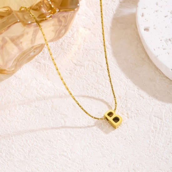 Immagine di 18K Gold Plated Bamboo Chain Pendant Charm Necklace, 304 Stainless Steel 40cm(15.7") + 5cm(2"), For Women, Message " B " Capital Alphabet Initial Letter Name Dainty Gift, Eco-friendly, 1 Piece