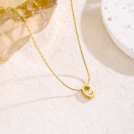 Picture of Wholesale Capital Alphabet Initial Letter Message " C " Pendant Charm Necklace, 18K Gold Plated 304 Stainless Steel Bamboo Chain, Women's Eco-friendly Stylish Minimalist Gift Jewelry For Retailer, 40cm(15.7") + 5cm(2") long, 1 Piece