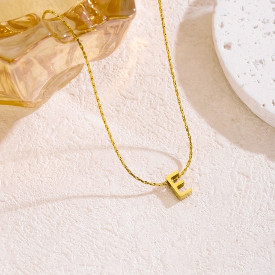 Immagine di 18K Gold Plated Bamboo Chain Pendant Charm Necklace, 304 Stainless Steel 40cm(15.7") + 5cm(2"), For Women, Message " E " Capital Alphabet Initial Letter Name Dainty Gift, Eco-friendly, 1 Piece