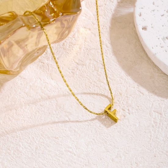 Immagine di 18K Gold Plated Bamboo Chain Pendant Charm Necklace, 304 Stainless Steel 40cm(15.7") + 5cm(2"), For Women, Message " F " Capital Alphabet Initial Letter Name Dainty Gift, Eco-friendly, 1 Piece