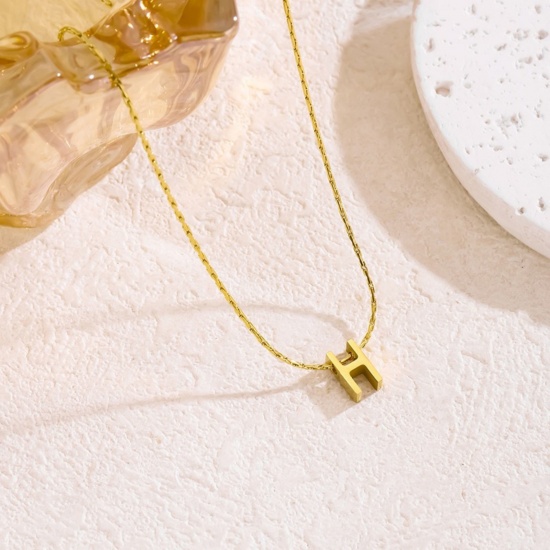 Immagine di 18K Gold Plated Bamboo Chain Pendant Charm Necklace, 304 Stainless Steel 40cm(15.7") + 5cm(2"), For Women, Message " H " Capital Alphabet Initial Letter Name Dainty Gift, Eco-friendly, 1 Piece