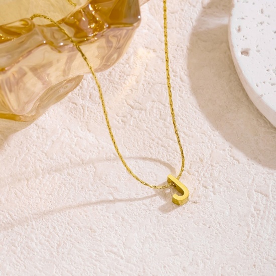 Immagine di 18K Gold Plated Bamboo Chain Pendant Charm Necklace, 304 Stainless Steel 40cm(15.7") + 5cm(2"), For Women, Message " J " Capital Alphabet Initial Letter Name Dainty Gift, Eco-friendly, 1 Piece