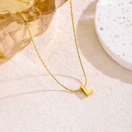 Picture of Wholesale Capital Alphabet Initial Letter Message " L " Pendant Charm Necklace, 18K Gold Plated 304 Stainless Steel Bamboo Chain, Women's Eco-friendly Stylish Minimalist Gift Jewelry For Retailer, 40cm(15.7") + 5cm(2") long, 1 Piece