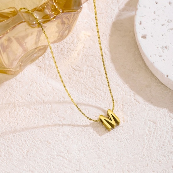 Immagine di 18K Gold Plated Bamboo Chain Pendant Charm Necklace, 304 Stainless Steel 40cm(15.7") + 5cm(2"), For Women, Message " M " Capital Alphabet Initial Letter Name Dainty Gift, Eco-friendly, 1 Piece