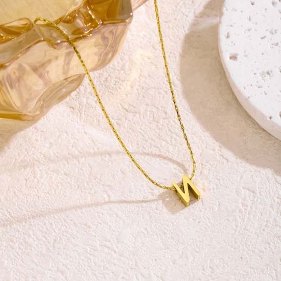 Immagine di 18K Gold Plated Bamboo Chain Pendant Charm Necklace, 304 Stainless Steel 40cm(15.7") + 5cm(2"), For Women, Message " N " Capital Alphabet Initial Letter Name Dainty Gift, Eco-friendly, 1 Piece