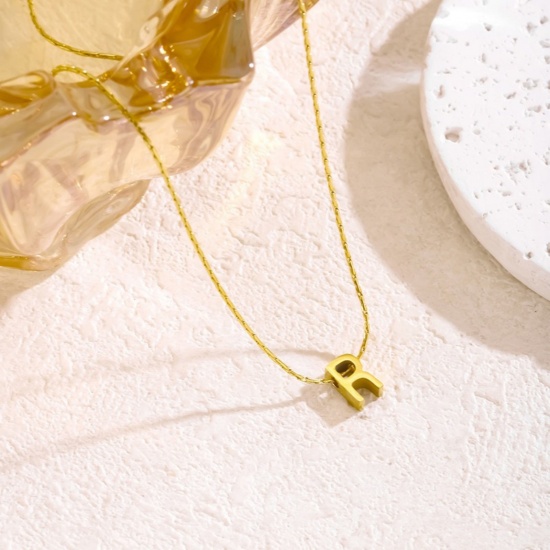 Immagine di 18K Gold Plated Bamboo Chain Pendant Charm Necklace, 304 Stainless Steel 40cm(15.7") + 5cm(2"), For Women, Message " R " Capital Alphabet Initial Letter Name Dainty Gift, Eco-friendly, 1 Piece