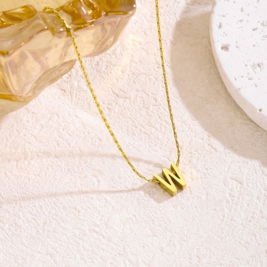 Immagine di 18K Gold Plated Bamboo Chain Pendant Charm Necklace, 304 Stainless Steel 40cm(15.7") + 5cm(2"), For Women, Message " W " Capital Alphabet Initial Letter Name Dainty Gift, Eco-friendly, 1 Piece