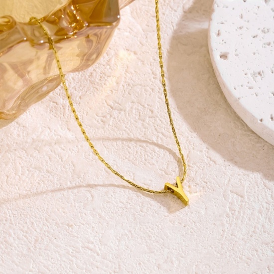 Immagine di 18K Gold Plated Bamboo Chain Pendant Charm Necklace, 304 Stainless Steel 40cm(15.7") + 5cm(2"), For Women, Message " Y " Capital Alphabet Initial Letter Name Dainty Gift, Eco-friendly, 1 Piece