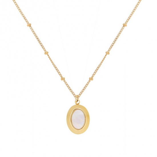 Immagine di 18K Gold Plated Oval Pendant Charm Necklace, 304 Stainless Steel & Natural Shell 40cm(15.7") + 5cm(2"), For Women, White Stylish Dainty Gift, Eco-friendly, 1 Piece