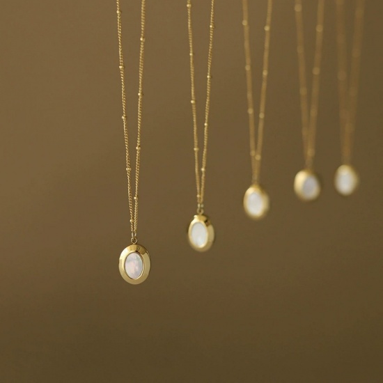 Immagine di 18K Gold Plated Oval Pendant Charm Necklace, 304 Stainless Steel & Natural Shell 40cm(15.7") + 5cm(2"), For Women, White Stylish Dainty Gift, Eco-friendly, 1 Piece
